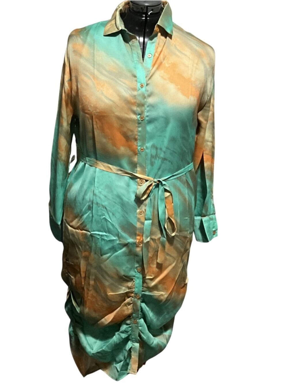 Watercolor Abstract Belted Satin Dress Painterly No stretch NWT Teal Peach L